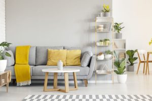 Yellow and grey themed open concept living room with light-colored wood furniture and a grey couch in Springfield, IL.