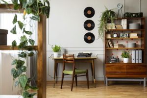 Vintage bookcase and desk with modern décor pieces mixed into the same design. Black typewriter lays on the desk with plants throughout the office space in Athens, IL.