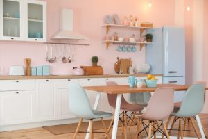 Popular pastel-colored kitchen. Pastel kitchen table chairs from a small furniture store in Springfield, Illinois.
